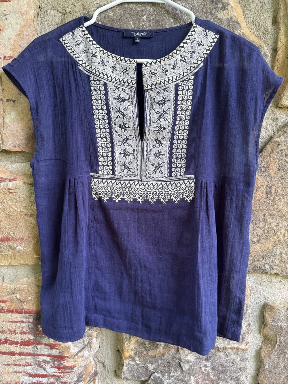 Madewell Navy Blue 100% Cotton White Embroidered Boho Peasant Blouse Small
